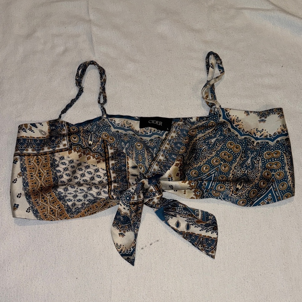 Cider Blue and Brown Paisley Tie-Front Top